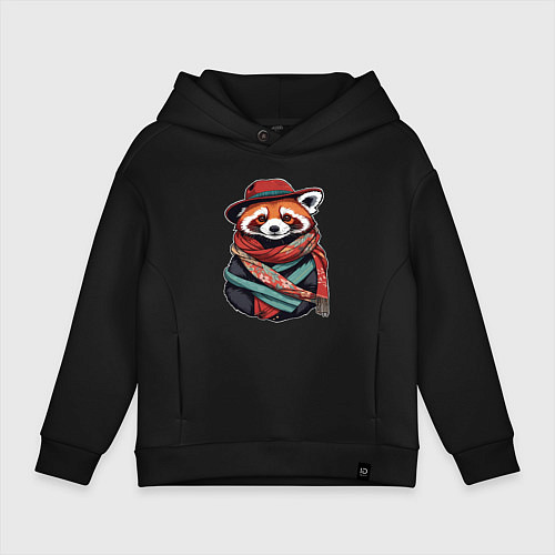 Детское худи оверсайз Красная панда в шляпе и шарфе / Черный – фото 1