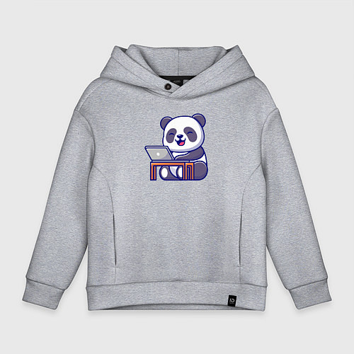 Детское худи оверсайз Весёлая панда с ноутбуком / Меланж – фото 1
