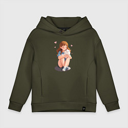 Толстовка оверсайз детская Белый хомяк и счастливая девушка, цвет: хаки