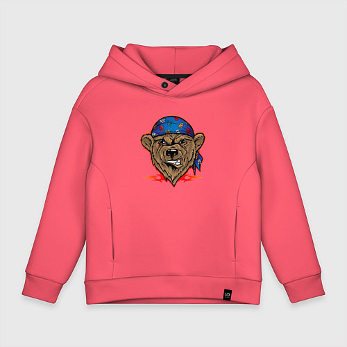 Детское худи оверсайз Ухмыляющийся медведь байкер / Коралловый – фото 1