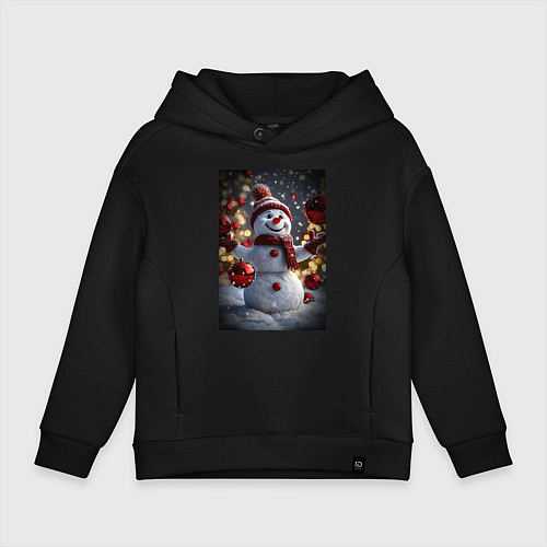 Детское худи оверсайз Снеговик и новогодние шарики / Черный – фото 1