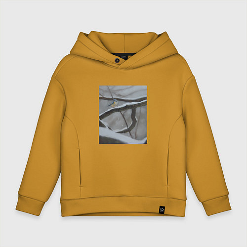 Детское худи оверсайз Синица на ветке / Горчичный – фото 1