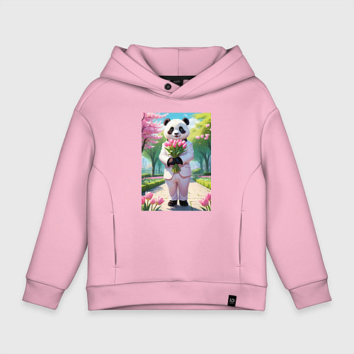Детское худи оверсайз Панда с букетом тюльпанов / Светло-розовый – фото 1