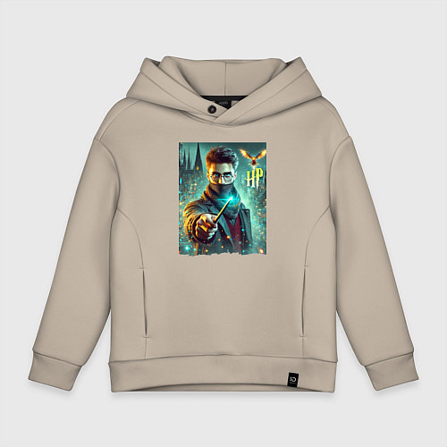Детское худи оверсайз Harry Potter with a magic wand - ai art fantasy / Миндальный – фото 1