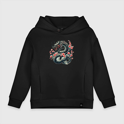 Детское худи оверсайз Japanese dragon and sakura - irezumi / Черный – фото 1
