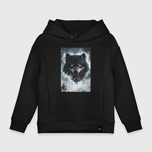 Детское худи оверсайз Волк с оскаленной пастью / Черный – фото 1