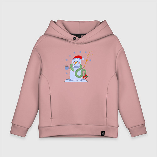 Детское худи оверсайз Новогодний снеговик и змея / Пыльно-розовый – фото 1