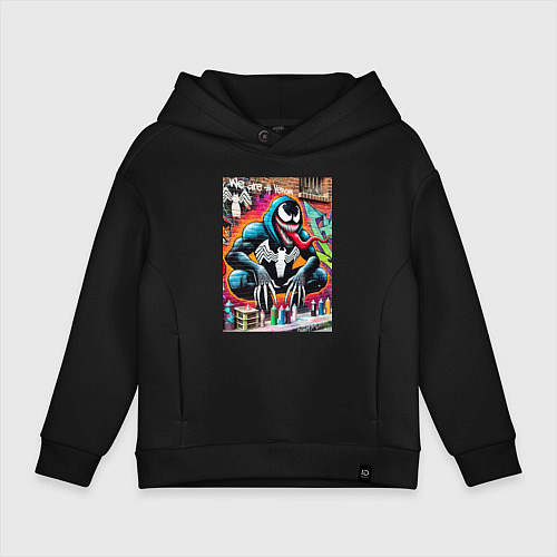 Детское худи оверсайз Веном сидит на кортах - граффити / Черный – фото 1