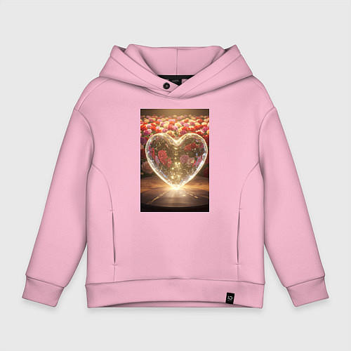 Детское худи оверсайз Кристальное сердце на фоне роз / Светло-розовый – фото 1