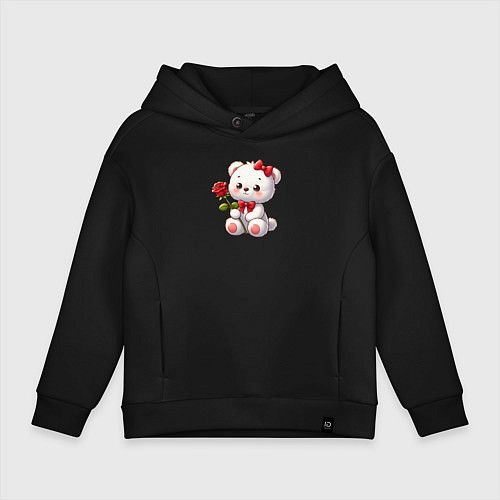 Детское худи оверсайз Белый мишка с красной розой / Черный – фото 1