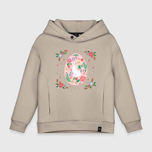 Детское худи оверсайз Пасхальное яйцо с кроликом и цветами / Миндальный – фото 1