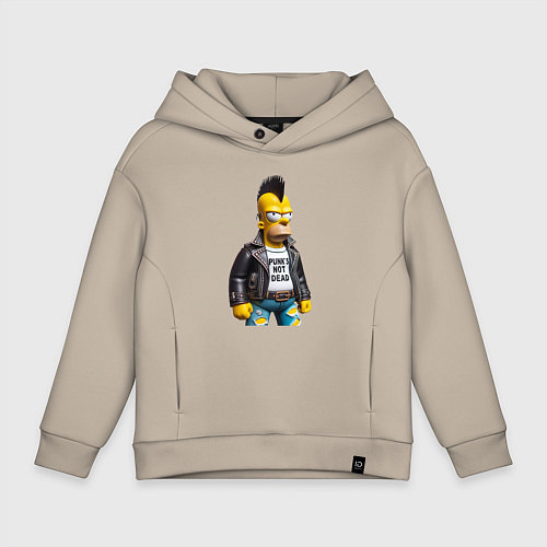 Детское худи оверсайз The harsh Homer Simpson - punks not dead / Миндальный – фото 1