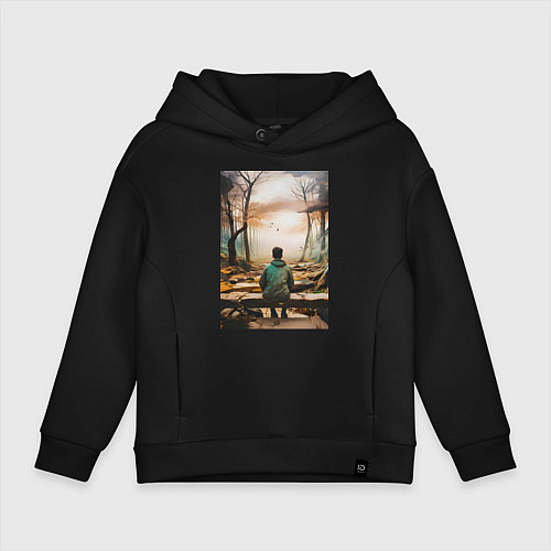 Детское худи оверсайз Мальчик на скамейке / Черный – фото 1