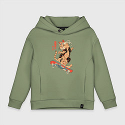 Толстовка оверсайз детская Кот самурай - скейтбордист, цвет: авокадо