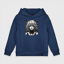 Толстовка оверсайз детская Аниме портрет девушки в черно-белом цвете, цвет: тёмно-синий