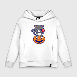 Толстовка оверсайз детская Хэллоуин котик с леденцом, цвет: белый