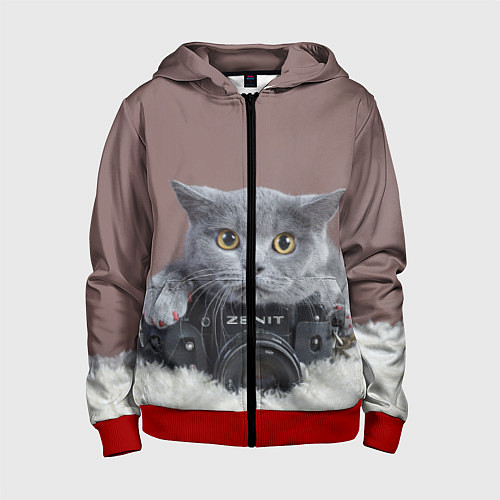 Детская толстовка на молнии Котик фотограф / 3D-Красный – фото 1