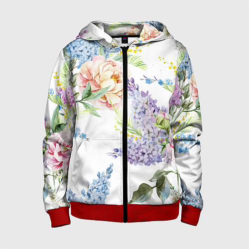 Детская толстовка на молнии Сирень и Пионы / 3D-Красный – фото 1