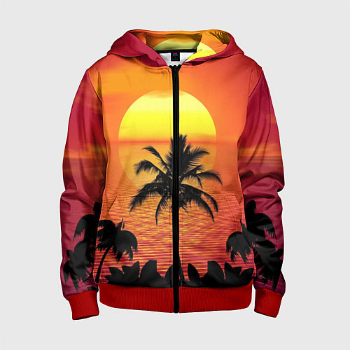 Детская толстовка на молнии Пальмы на фоне моря / 3D-Красный – фото 1