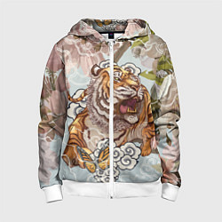 Толстовка на молнии детская Тигр в облаках, цвет: 3D-белый
