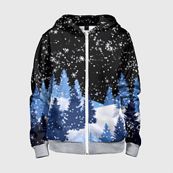 Толстовка на молнии детская Снежная ночь в зимнем лесу, цвет: 3D-меланж