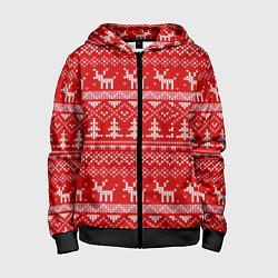Толстовка на молнии детская Новогодний узор с оленями и елкой, цвет: 3D-черный