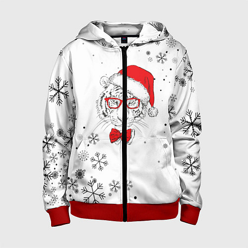 Детская толстовка на молнии Новогодний тигр летящие снежинки / 3D-Красный – фото 1