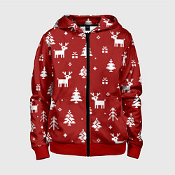 Толстовка на молнии детская Новогодние олени и елки на красном фоне, цвет: 3D-красный