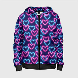 Толстовка на молнии детская Неоновые сердца, паттерн, цвет: 3D-черный