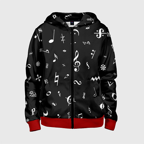 Детская толстовка на молнии Нотные Знаки Белые на Черном / 3D-Красный – фото 1