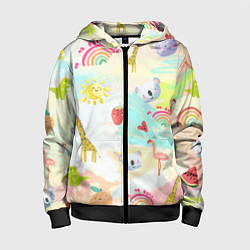 Толстовка на молнии детская Красочные животные, цвет: 3D-черный