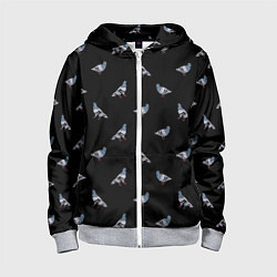 Толстовка на молнии детская Голуби на черном паттерн, цвет: 3D-меланж