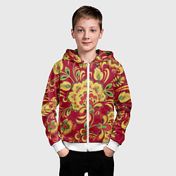Толстовка на молнии детская Хохломская Роспись Цветы На красном Фоне, цвет: 3D-белый — фото 2