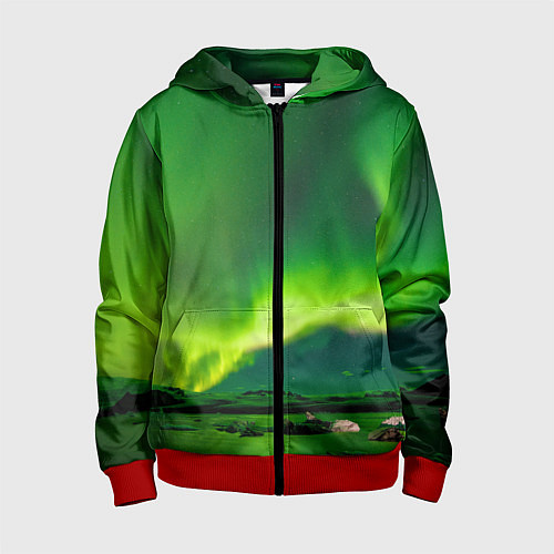 Детская толстовка на молнии Абстрактное полярное сияние - Зелёный / 3D-Красный – фото 1