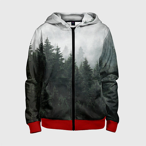 Детская толстовка на молнии Туманный хвойный лес / 3D-Красный – фото 1