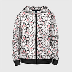 Толстовка на молнии детская Бело-розовые цветы с черной обводкой, цвет: 3D-черный