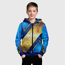 Толстовка на молнии детская Золотой герб России на синем объемном фоне, цвет: 3D-синий — фото 2