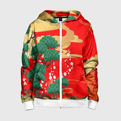 Толстовка на молнии детская Японский пейзаж на красном, цвет: 3D-белый