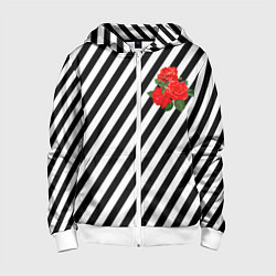 Толстовка на молнии детская Черно-белые полоски с букетом роз, цвет: 3D-белый