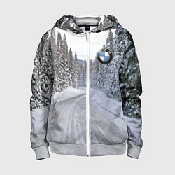 Толстовка на молнии детская BMW - зимняя дорога через лес, цвет: 3D-меланж