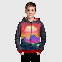 Толстовка на молнии детская Синтвейв неоновые горы на закате, цвет: 3D-красный — фото 2
