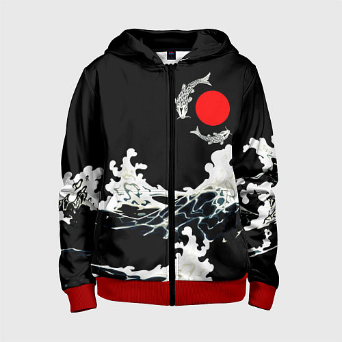 Детская толстовка на молнии Волны и рыбки / 3D-Красный – фото 1