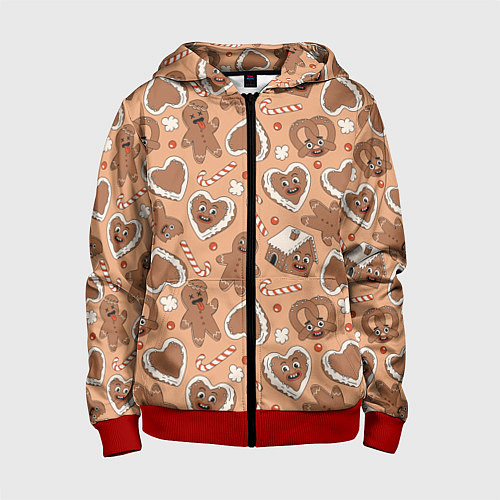 Детская толстовка на молнии Новогодний паттерн с печеньем / 3D-Красный – фото 1