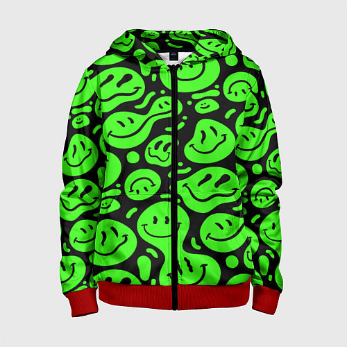 Детская толстовка на молнии Психоделические смайлы - салатовый неон / 3D-Красный – фото 1