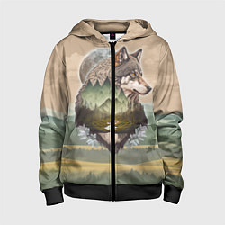 Толстовка на молнии детская Портрет волка в технике двойной экспозиции, цвет: 3D-черный