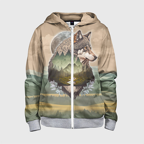 Детская толстовка на молнии Портрет волка в технике двойной экспозиции / 3D-Меланж – фото 1