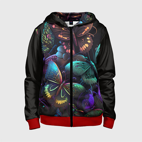 Детская толстовка на молнии Разные неоновые бабочки / 3D-Красный – фото 1