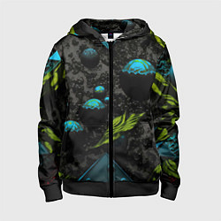 Толстовка на молнии детская Зеленые абстрактные листья, цвет: 3D-черный