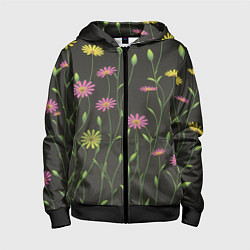 Толстовка на молнии детская Полевые цветочки на темном фоне, цвет: 3D-черный