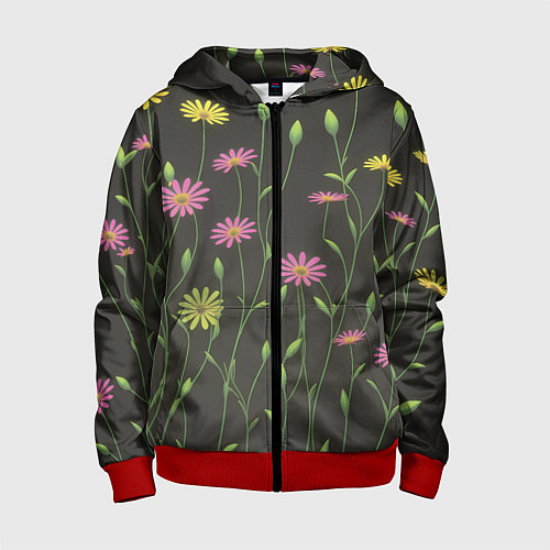 Детская толстовка на молнии Полевые цветочки на темном фоне / 3D-Красный – фото 1